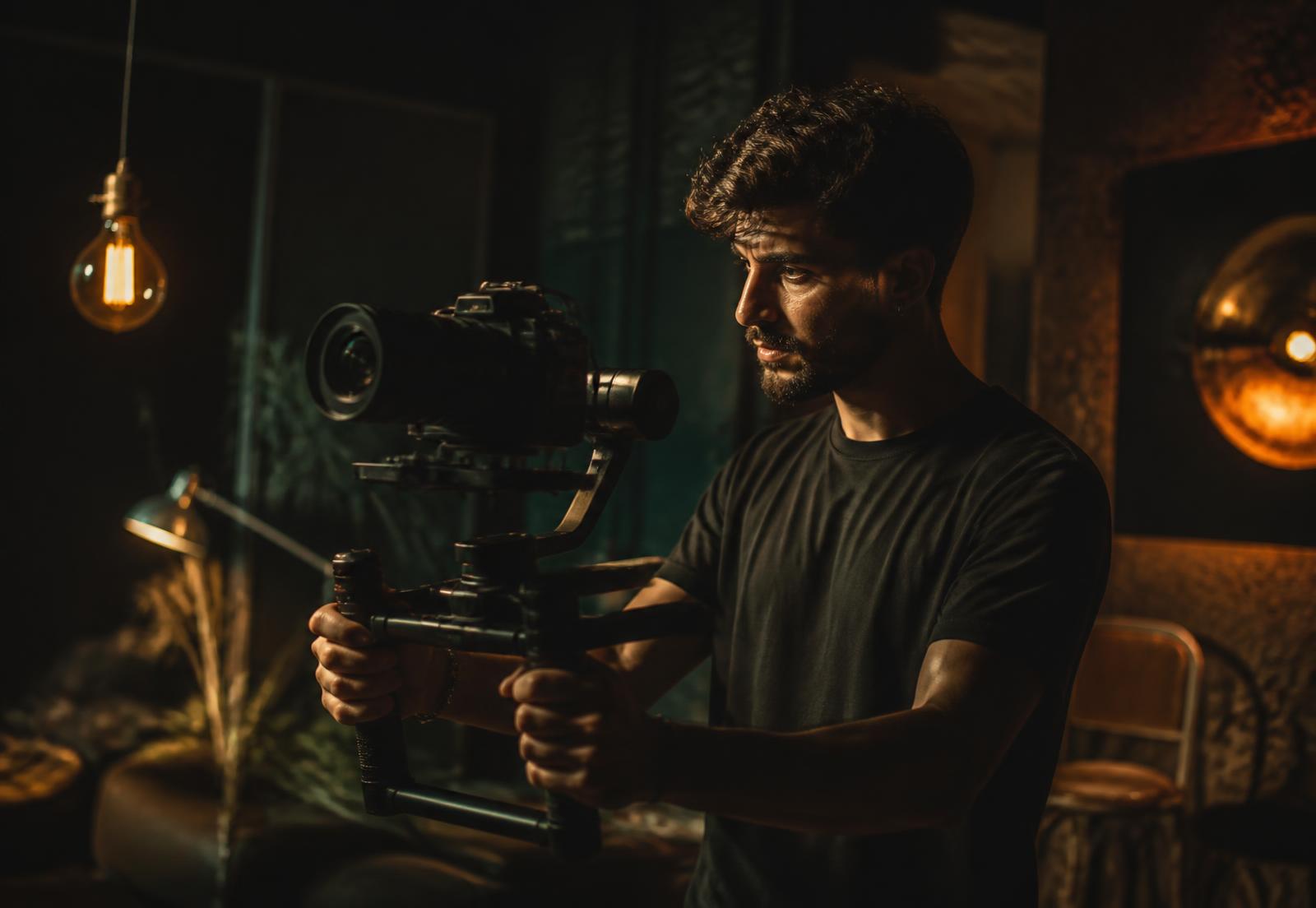 Videographer filming with a cinema camera on a gimbal in a warmly lit studio